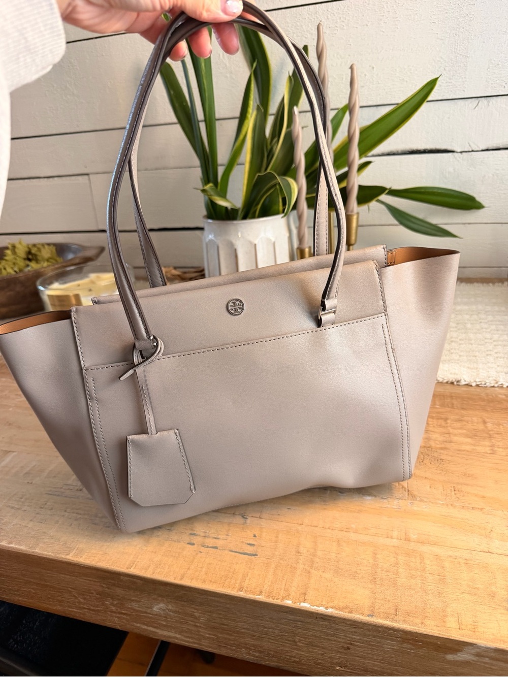 Tory Burch Taupe Leather Double-Handle Tote